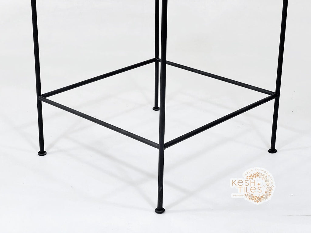 Zohair - Moroccan Iron Stool, Handmade Wrought Chair with Beige Upholstery