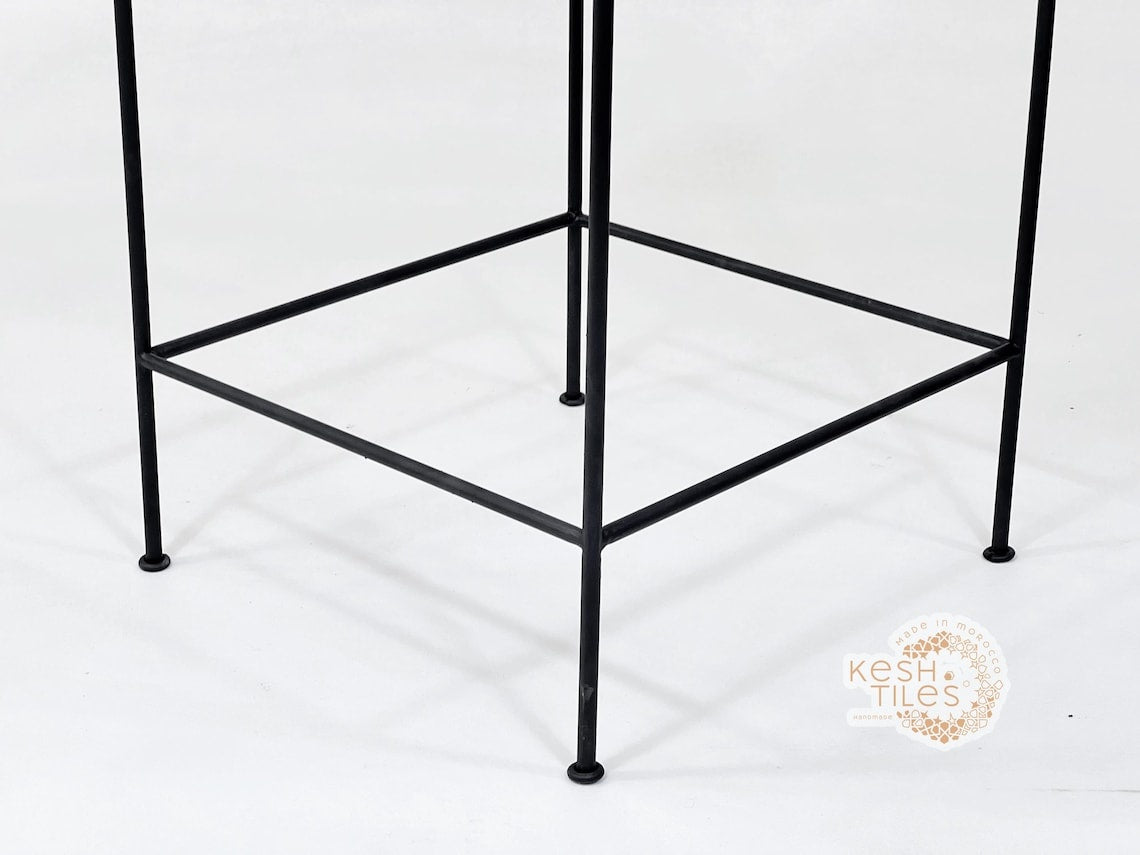 Zohair - Moroccan Iron Stool, Handmade Wrought Chair with Beige Upholstery