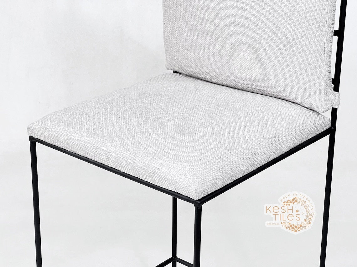 Zohair - Moroccan Iron Stool, Handmade Wrought Chair with Beige Upholstery