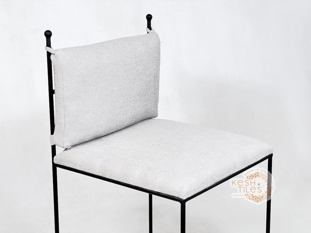 Zohair - Moroccan Iron Stool, Handmade Wrought Chair with Beige Upholstery