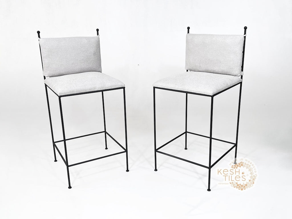 Zohair - Moroccan Iron Stool, Handmade Wrought Chair with Beige Upholstery