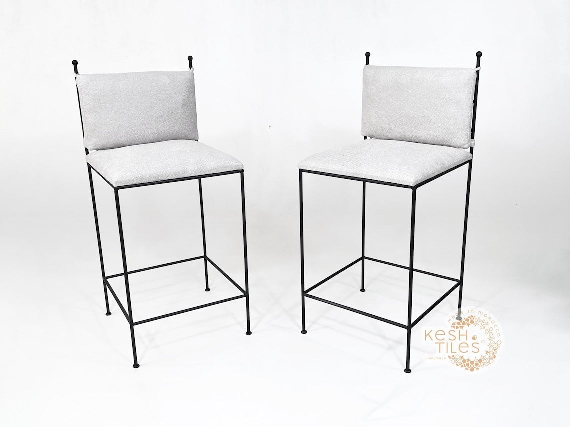 Zohair - Moroccan Iron Stool, Handmade Wrought Chair with Beige Upholstery