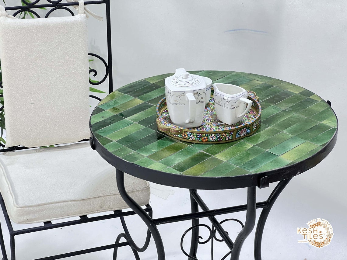 Tamegroute - Handmade Moroccan Mosaic Table: Round Green Zellige Patio Furniture