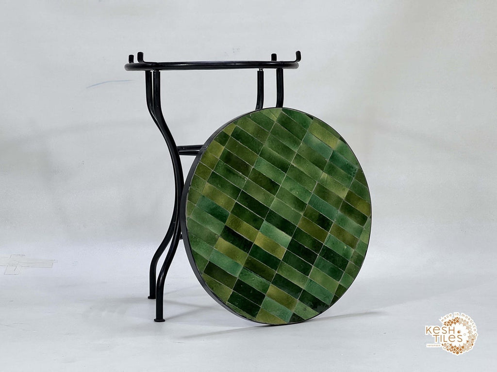 Tamegroute - Handmade Moroccan Mosaic Table: Round Green Zellige Patio Furniture