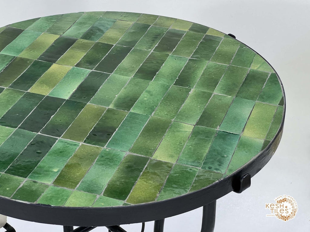 Tamegroute - Handmade Moroccan Mosaic Table: Round Green Zellige Patio Furniture