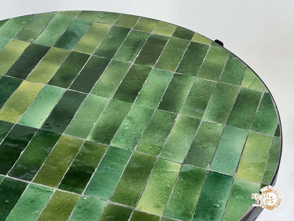 Tamegroute - Handmade Moroccan Mosaic Table: Round Green Zellige Patio Furniture