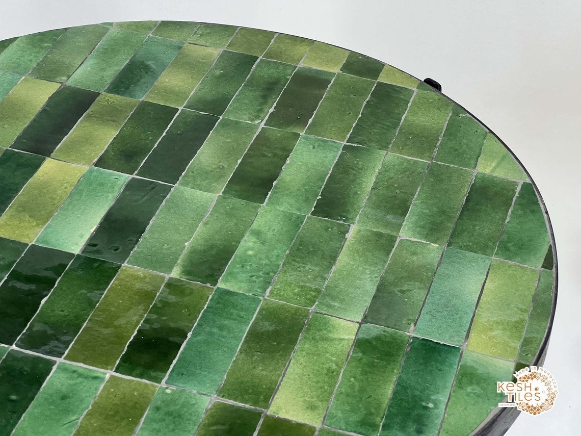 Tamegroute - Handmade Moroccan Mosaic Table: Round Green Zellige Patio Furniture