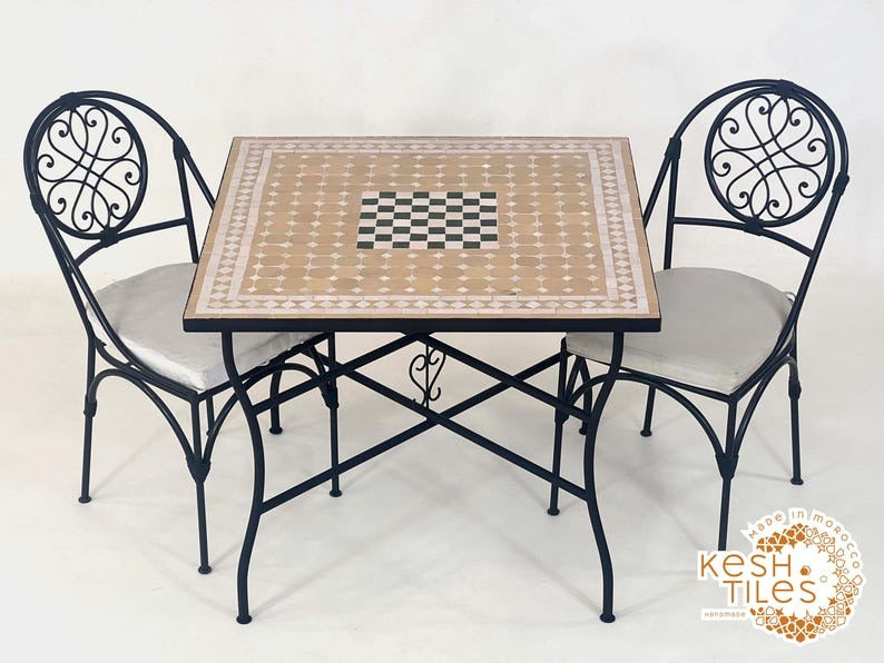 Awzar - Emerald beige Mosaic Chess Table, Handmade Moroccan Tile Table