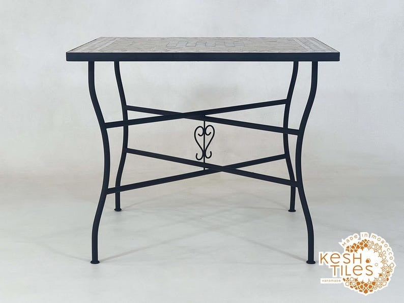 Awzar - Emerald beige Mosaic Chess Table, Handmade Moroccan Tile Table