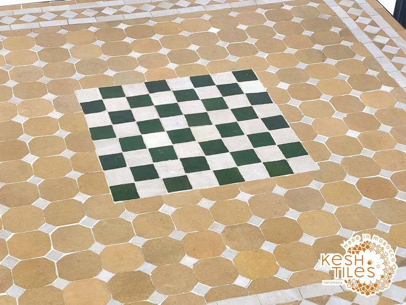 Awzar - Emerald beige Mosaic Chess Table, Handmade Moroccan Tile Table