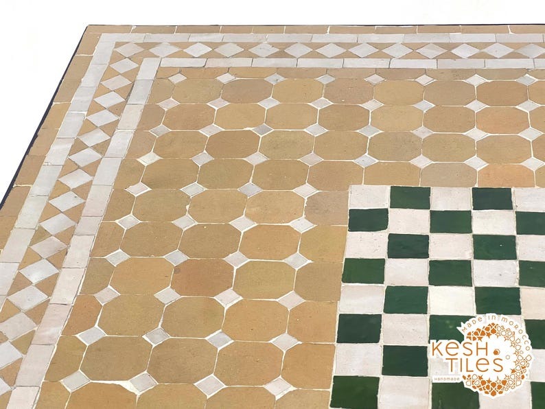 Awzar - Emerald beige Mosaic Chess Table, Handmade Moroccan Tile Table