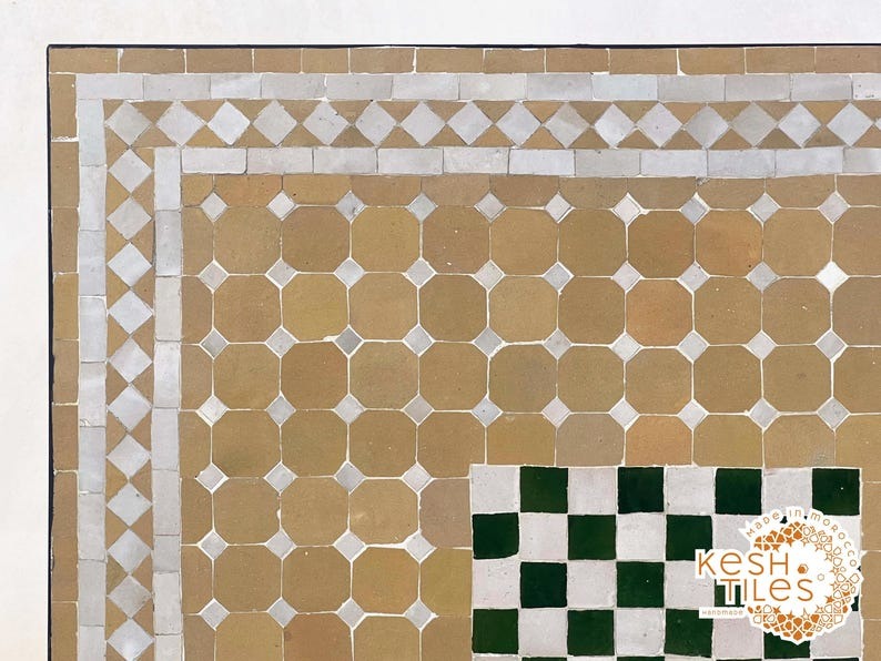 Awzar - Emerald beige Mosaic Chess Table, Handmade Moroccan Tile Table