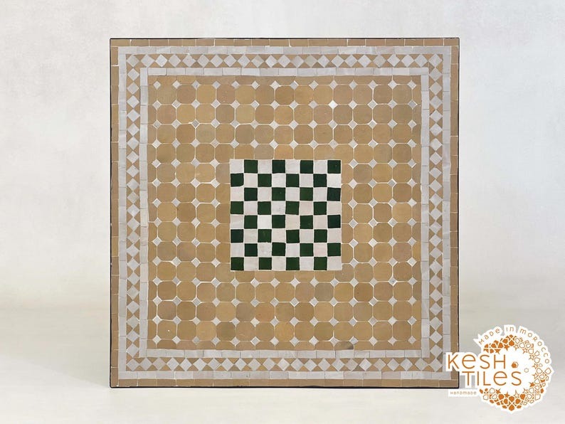 Awzar - Emerald beige Mosaic Chess Table, Handmade Moroccan Tile Table