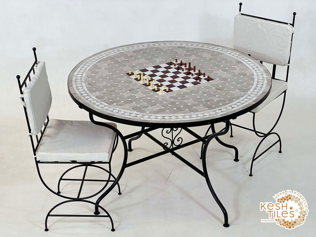 Tiniri - Red and Grey Mosaic Chess Table, Handmade Moroccan Zellige Game Table