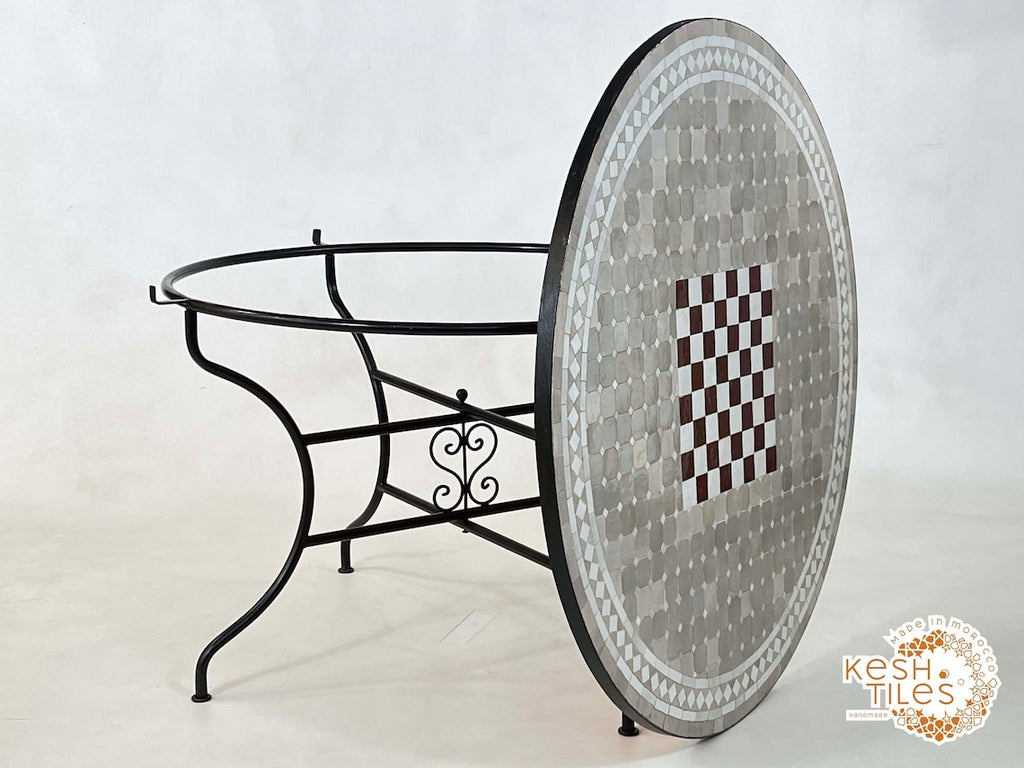 Tiniri - Red and Grey Mosaic Chess Table, Handmade Moroccan Zellige Game Table