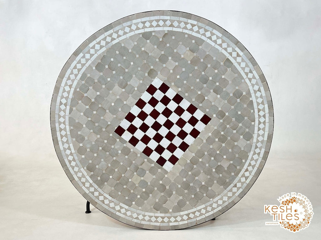 Tiniri - Red and Grey Mosaic Chess Table, Handmade Moroccan Zellige Game Table