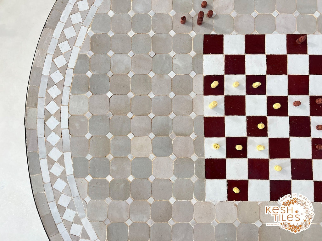 Tiniri - Red and Grey Mosaic Chess Table, Handmade Moroccan Zellige Game Table