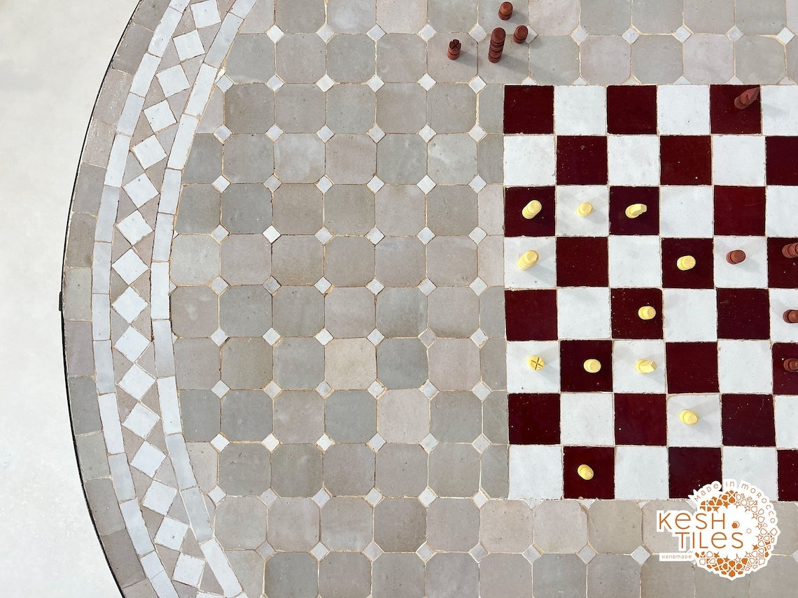 Tiniri - Red and Grey Mosaic Chess Table, Handmade Moroccan Zellige Game Table