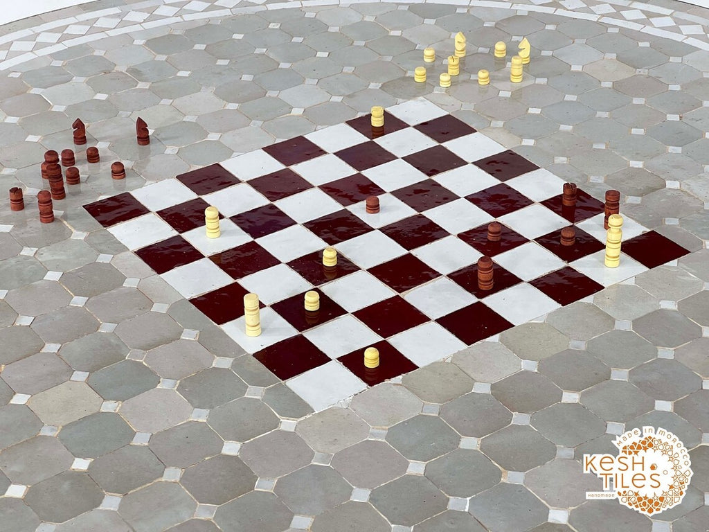 Tiniri - Red and Grey Mosaic Chess Table, Handmade Moroccan Zellige Game Table