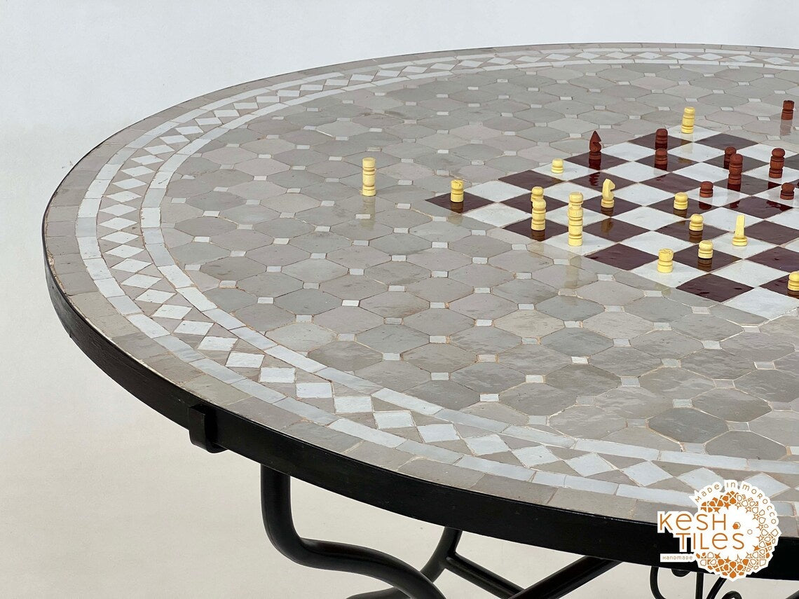 Tiniri - Red and Grey Mosaic Chess Table, Handmade Moroccan Zellige Game Table