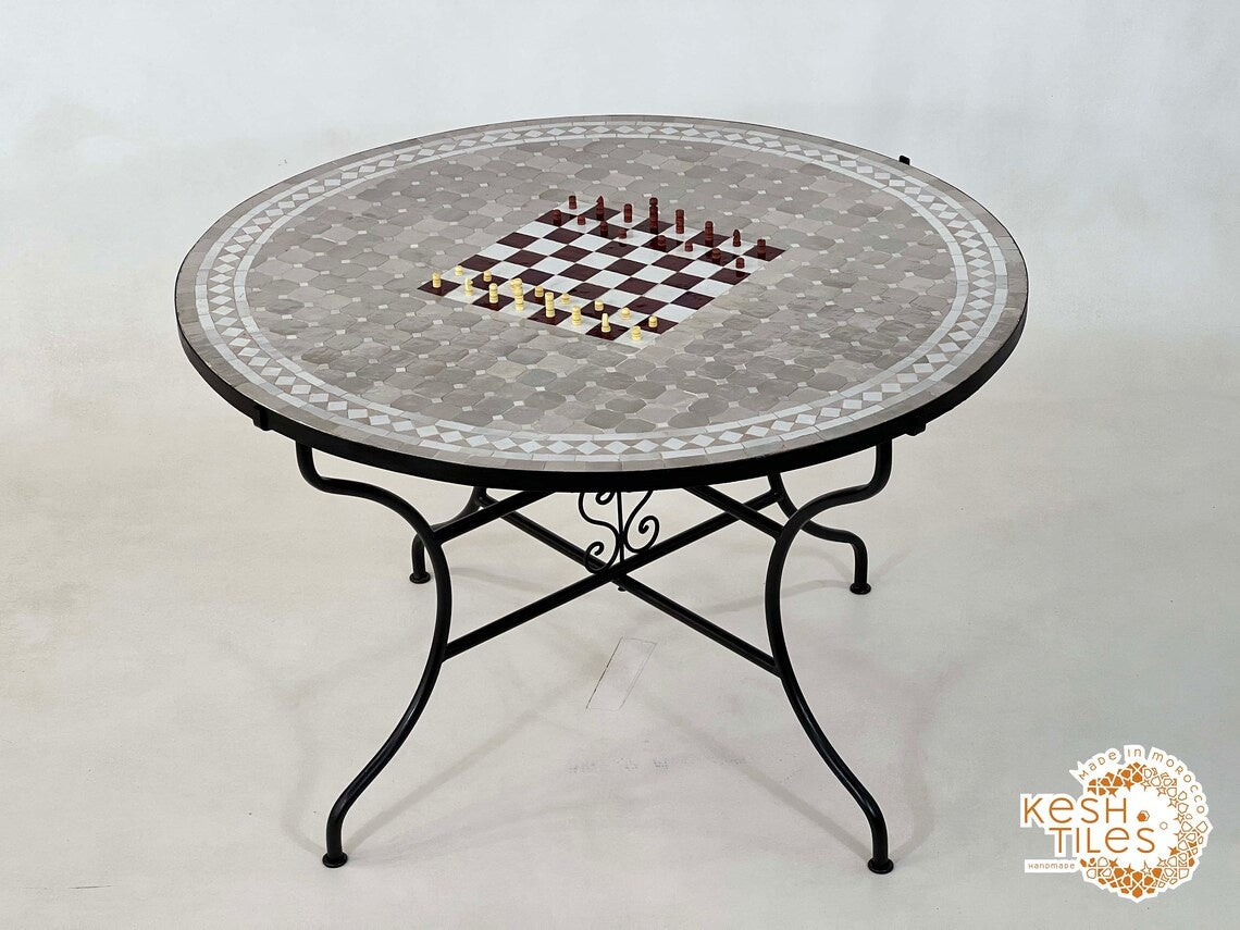 Tiniri - Red and Grey Mosaic Chess Table, Handmade Moroccan Zellige Game Table
