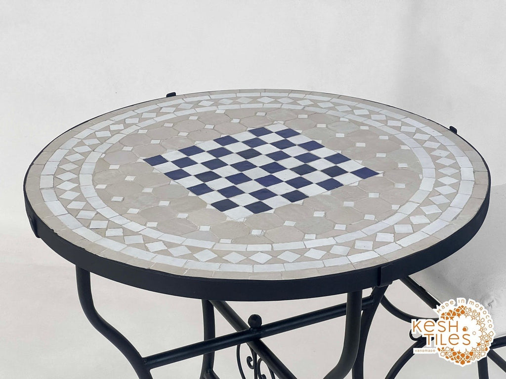 Aylin - Gray and Royal Blue Mosaic Chess Table, Handmade Moroccan Tile Table