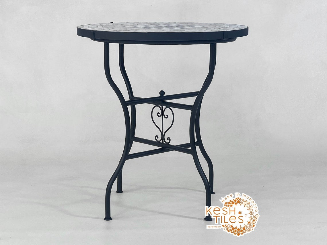 Aylin - Gray and Royal Blue Mosaic Chess Table, Handmade Moroccan Tile Table