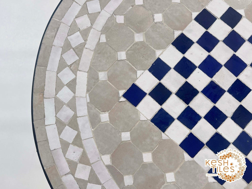 Aylin - Gray and Royal Blue Mosaic Chess Table, Handmade Moroccan Tile Table