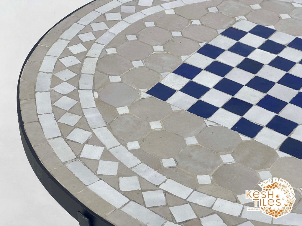 Aylin - Gray and Royal Blue Mosaic Chess Table, Handmade Moroccan Tile Table