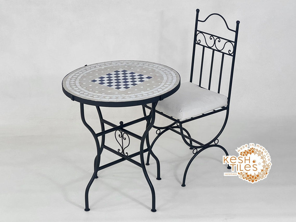 Aylin - Gray and Royal Blue Mosaic Chess Table, Handmade Moroccan Tile Table