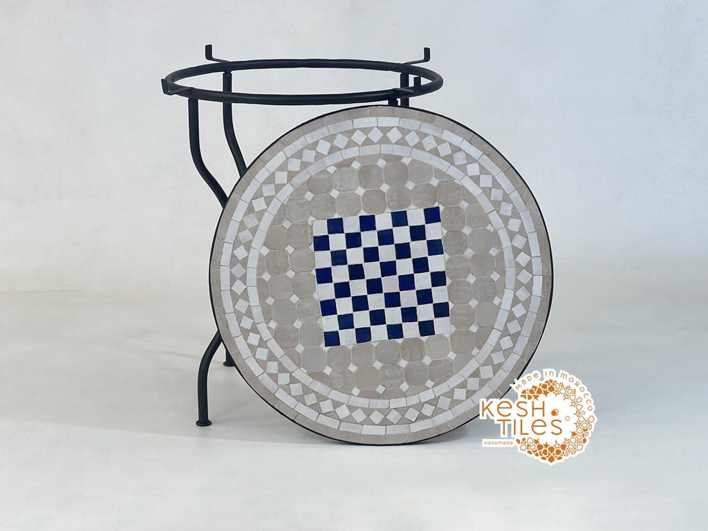 Aylin - Gray and Royal Blue Mosaic Chess Table, Handmade Moroccan Tile Table