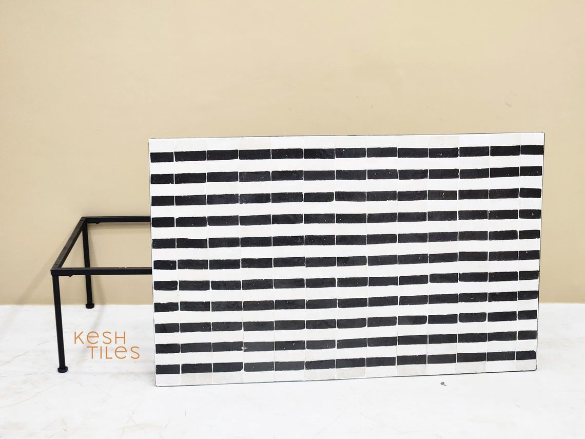 Warda - Black and White Striped Mosaic Coffee Table, Handmade Modern Zellige Table