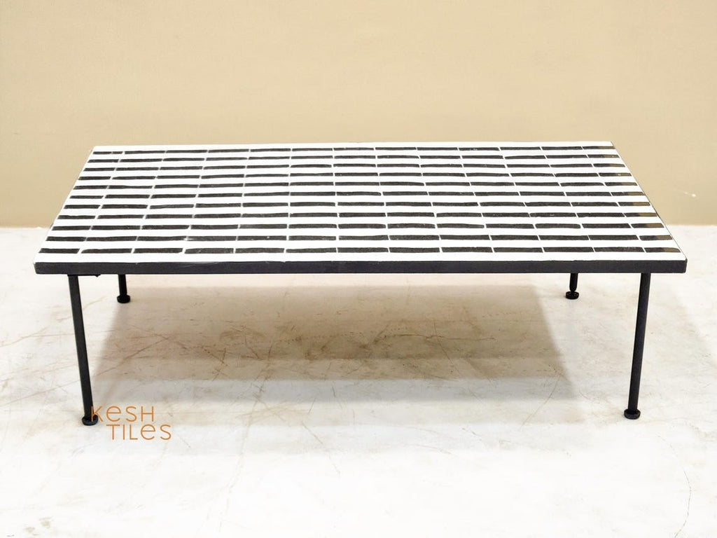 Warda - Black and White Striped Mosaic Coffee Table, Handmade Modern Zellige Table