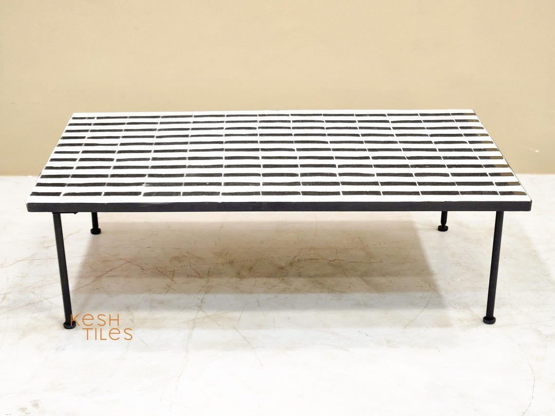 Warda - Black and White Striped Mosaic Coffee Table, Handmade Modern Zellige Table