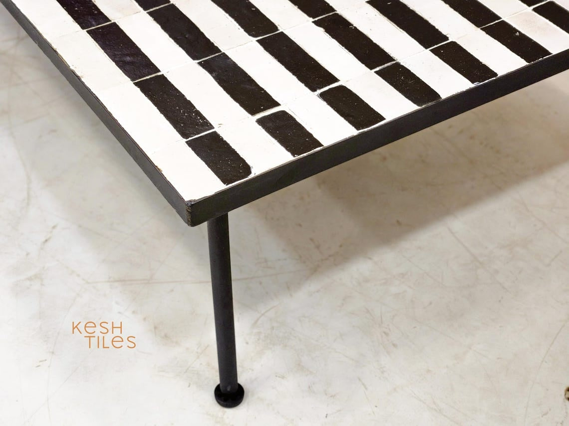 Warda - Black and White Striped Mosaic Coffee Table, Handmade Modern Zellige Table