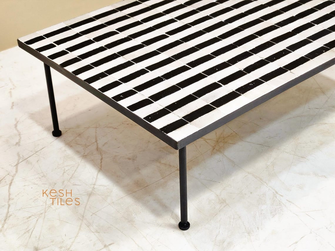 Warda - Black and White Striped Mosaic Coffee Table, Handmade Modern Zellige Table