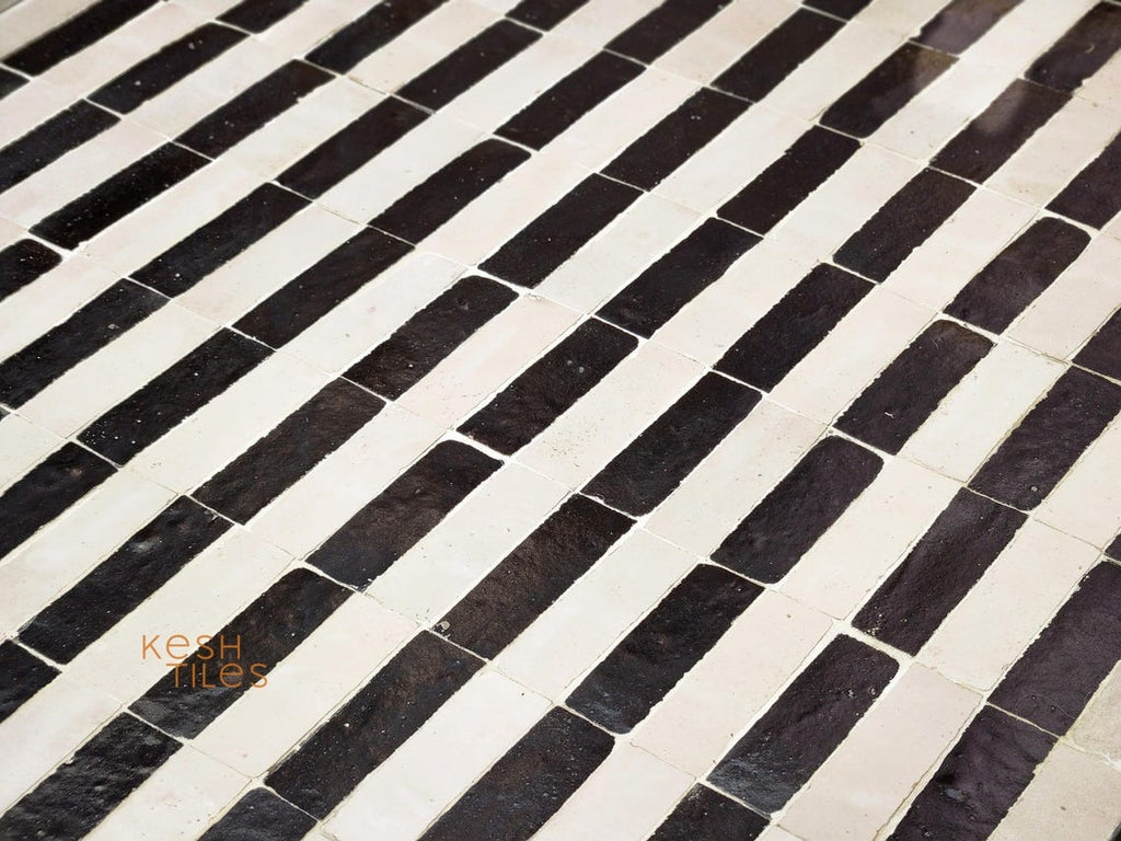 Warda - Black and White Striped Mosaic Coffee Table, Handmade Modern Zellige Table