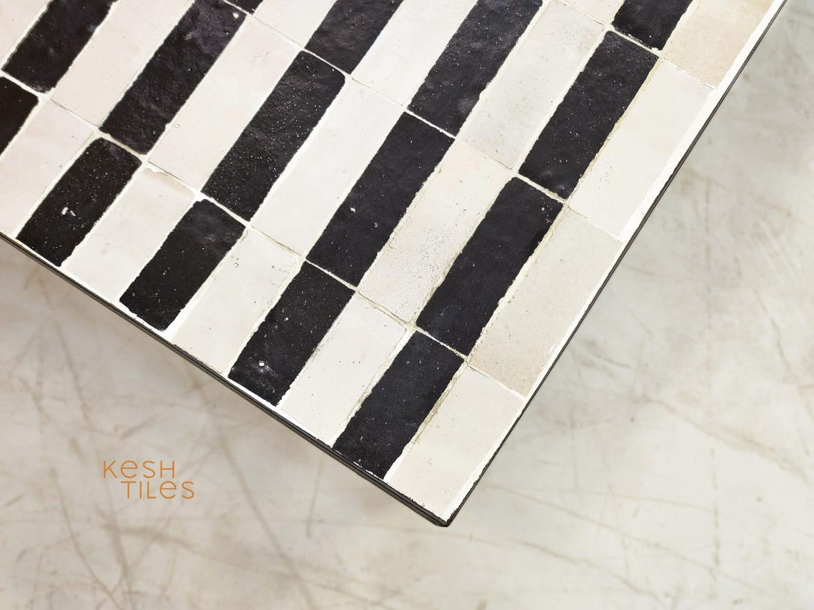 Warda - Black and White Striped Mosaic Coffee Table, Handmade Modern Zellige Table