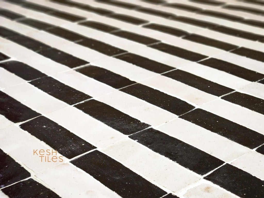 Warda - Black and White Striped Mosaic Coffee Table, Handmade Modern Zellige Table