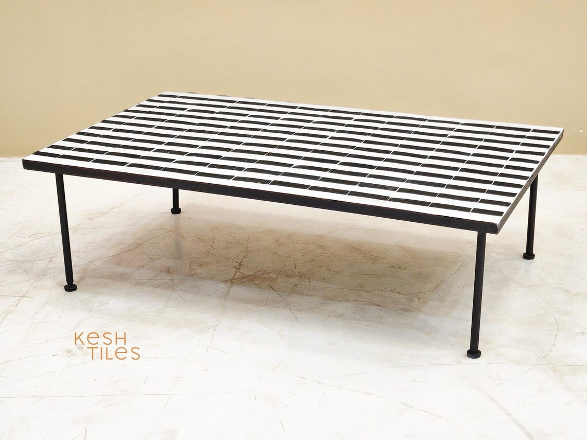 Warda - Black and White Striped Mosaic Coffee Table, Handmade Modern Zellige Table