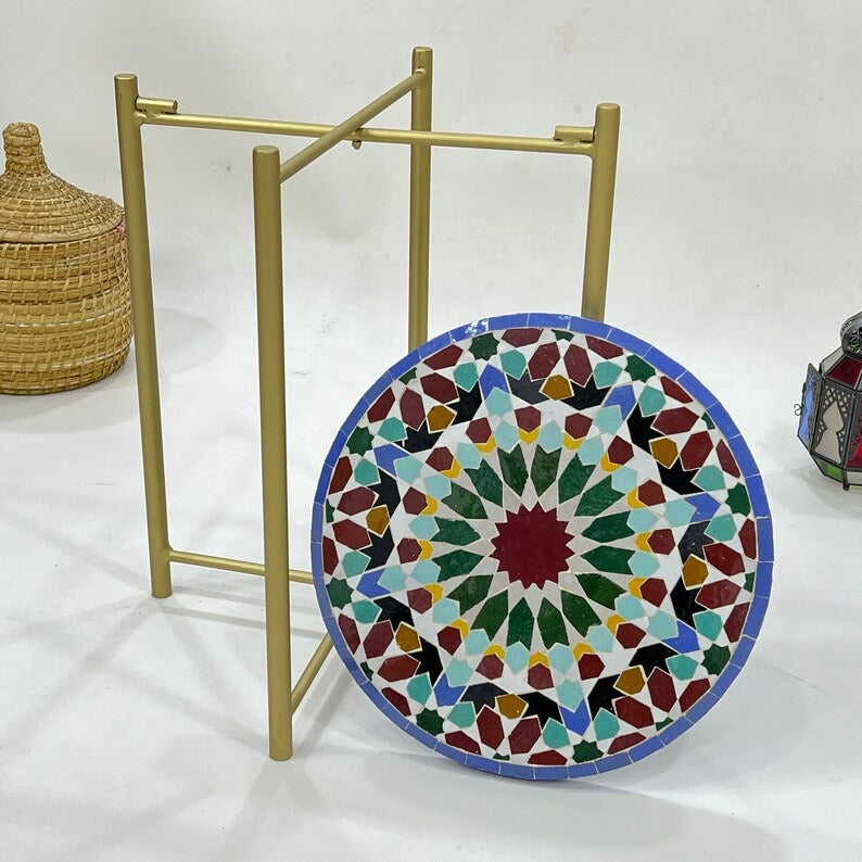 Tilelli - Blue Mosaic Coffee Table, Handmade Zellige Table with Golden Base
