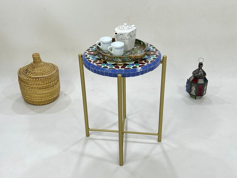Tilelli - Blue Mosaic Coffee Table, Handmade Zellige Table with Golden Base