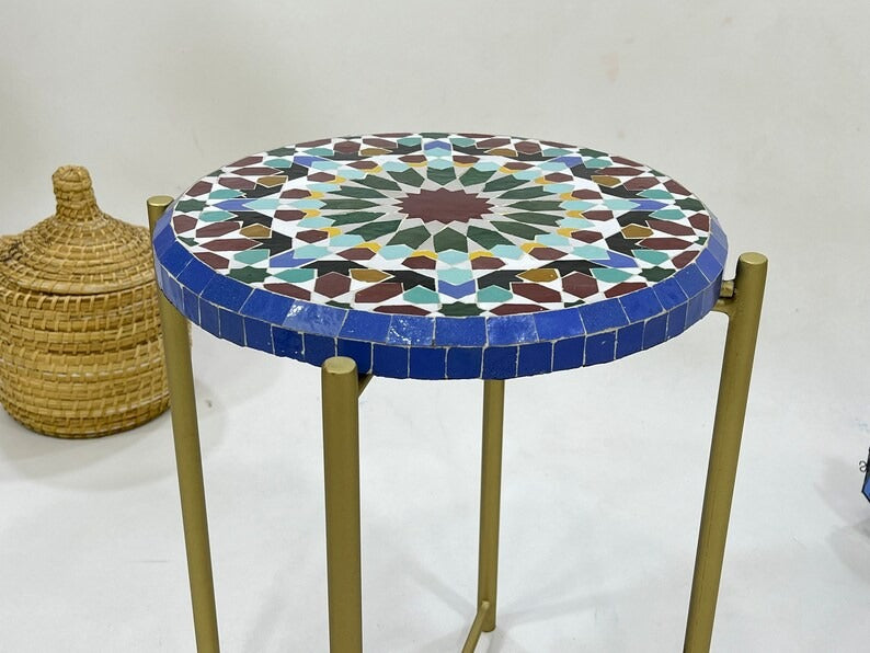 Tilelli - Blue Mosaic Coffee Table, Handmade Zellige Table with Golden Base