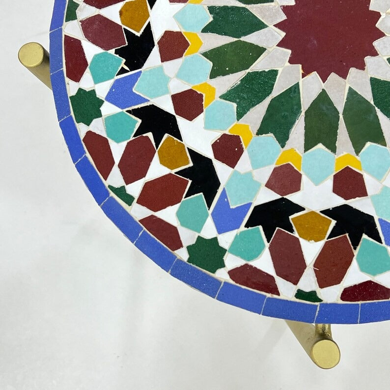 Tilelli - Blue Mosaic Coffee Table, Handmade Zellige Table with Golden Base