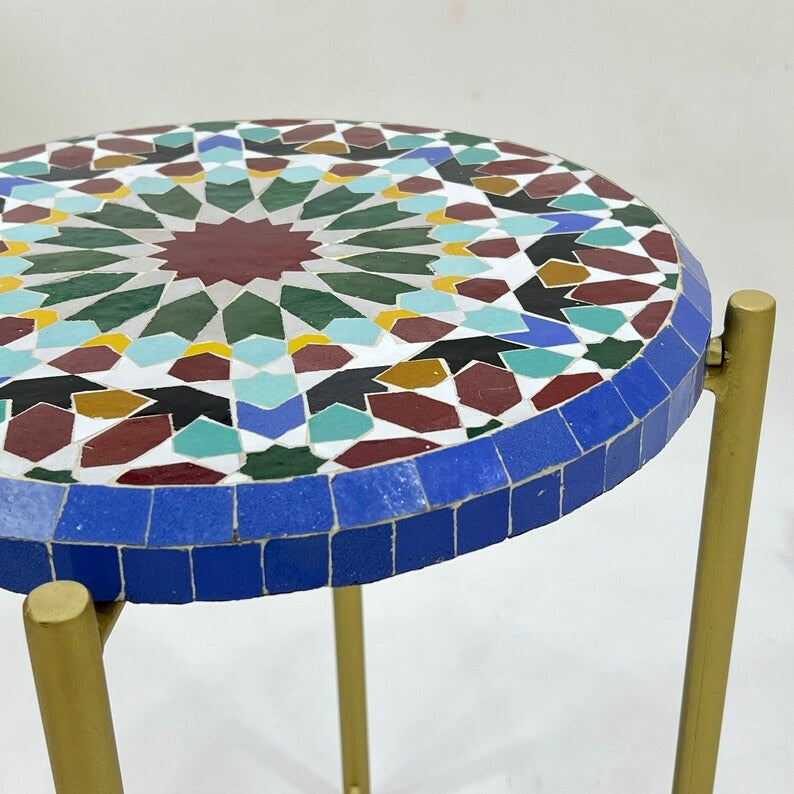 Tilelli - Blue Mosaic Coffee Table, Handmade Zellige Table with Golden Base