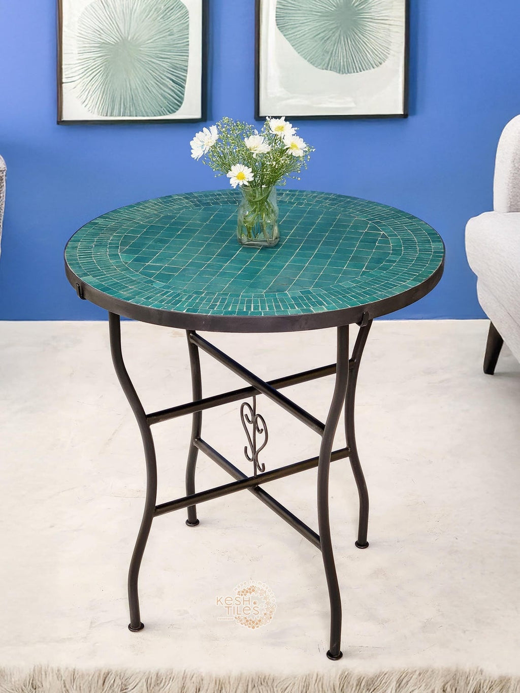 Tanirt - Green Mosaic Coffee Table, Handmade Moroccan Tile Table
