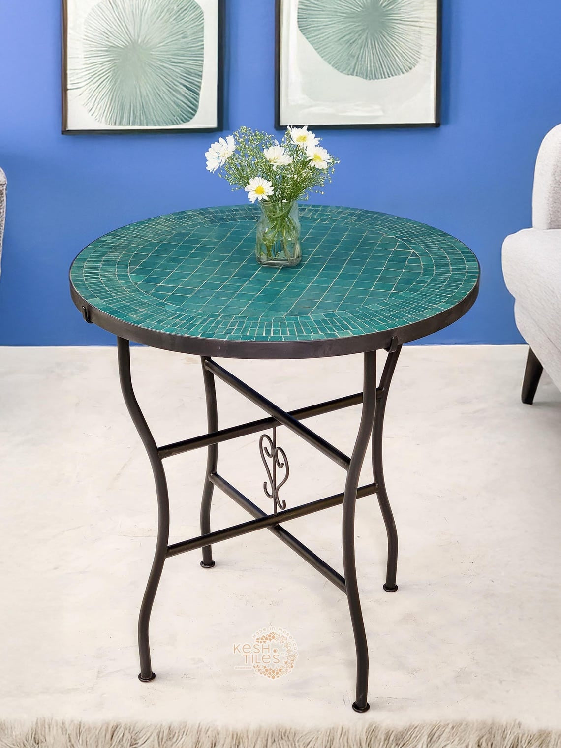 Tanirt - Green Mosaic Coffee Table, Handmade Moroccan Tile Table