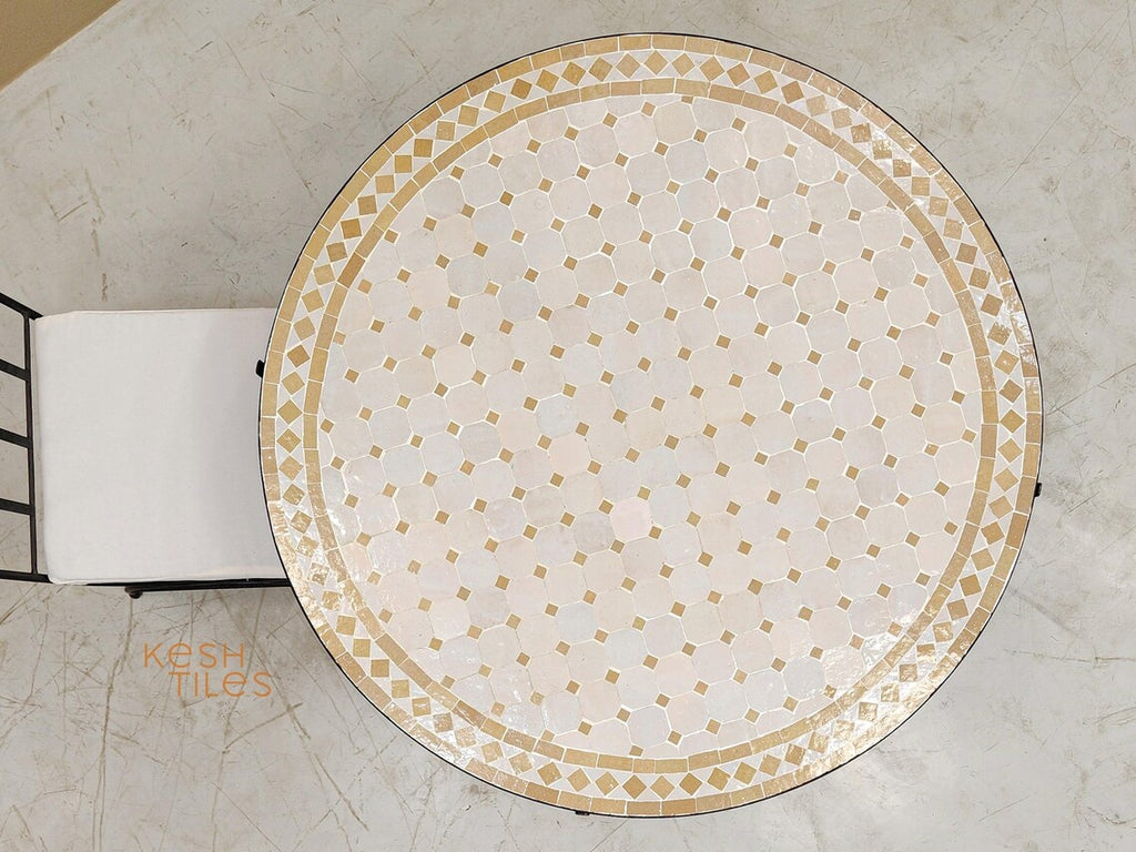 Amina - Round Mosaic Coffee Table, Handmade Beige and Off White Tile Table