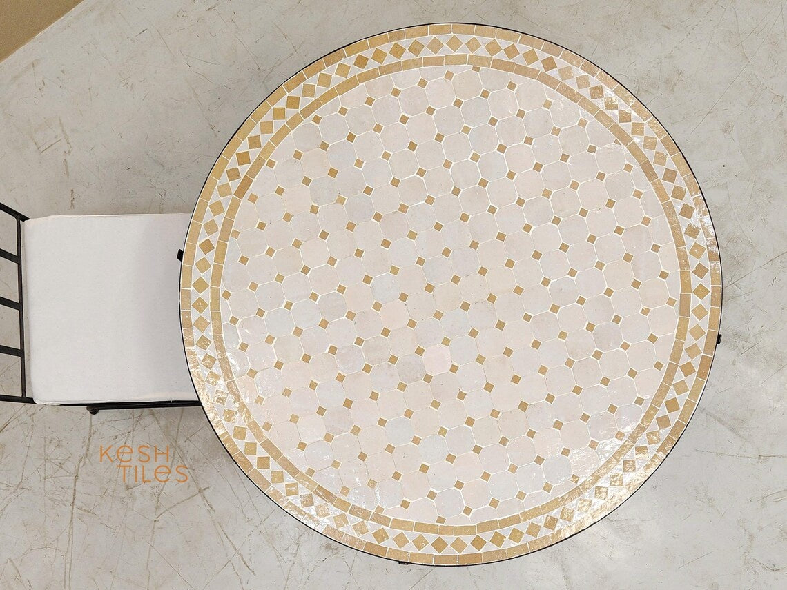 Amina - Round Mosaic Coffee Table, Handmade Beige and Off White Tile Table