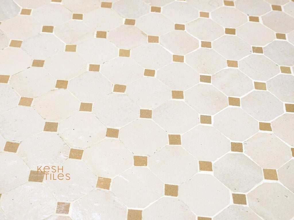 Amina - Round Mosaic Coffee Table, Handmade Beige and Off White Tile Table